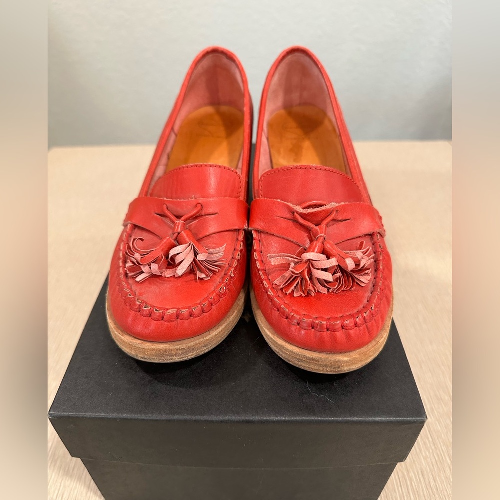 Swedish Hasbeens Block Heeled Red Leather Tassel Loafer 39 (EU)